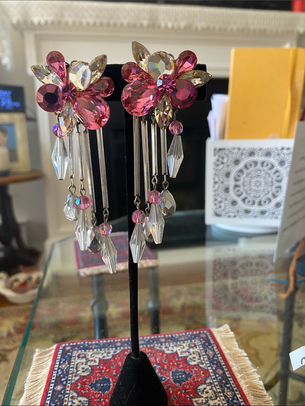 Pink Crystal Flower Dangle Earrings - Women Jewelry